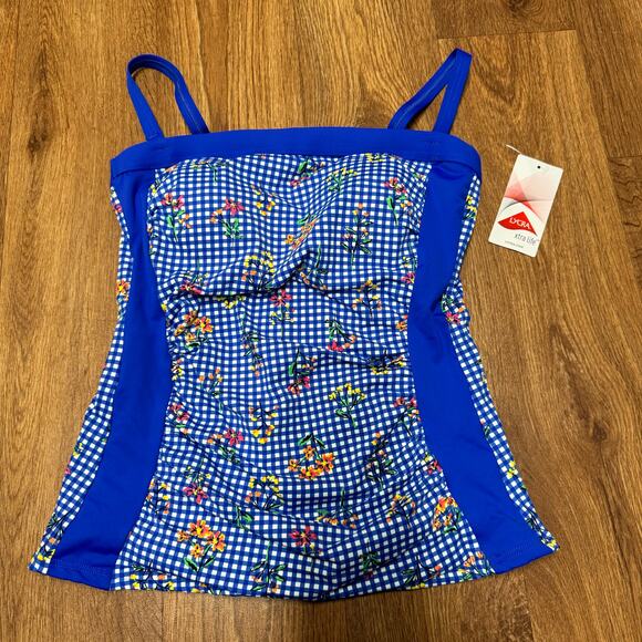 Lands End Womens Blue Floral Gingham Strapless Tankini Swim Top Size 2 NEW - Picture 1 of 6